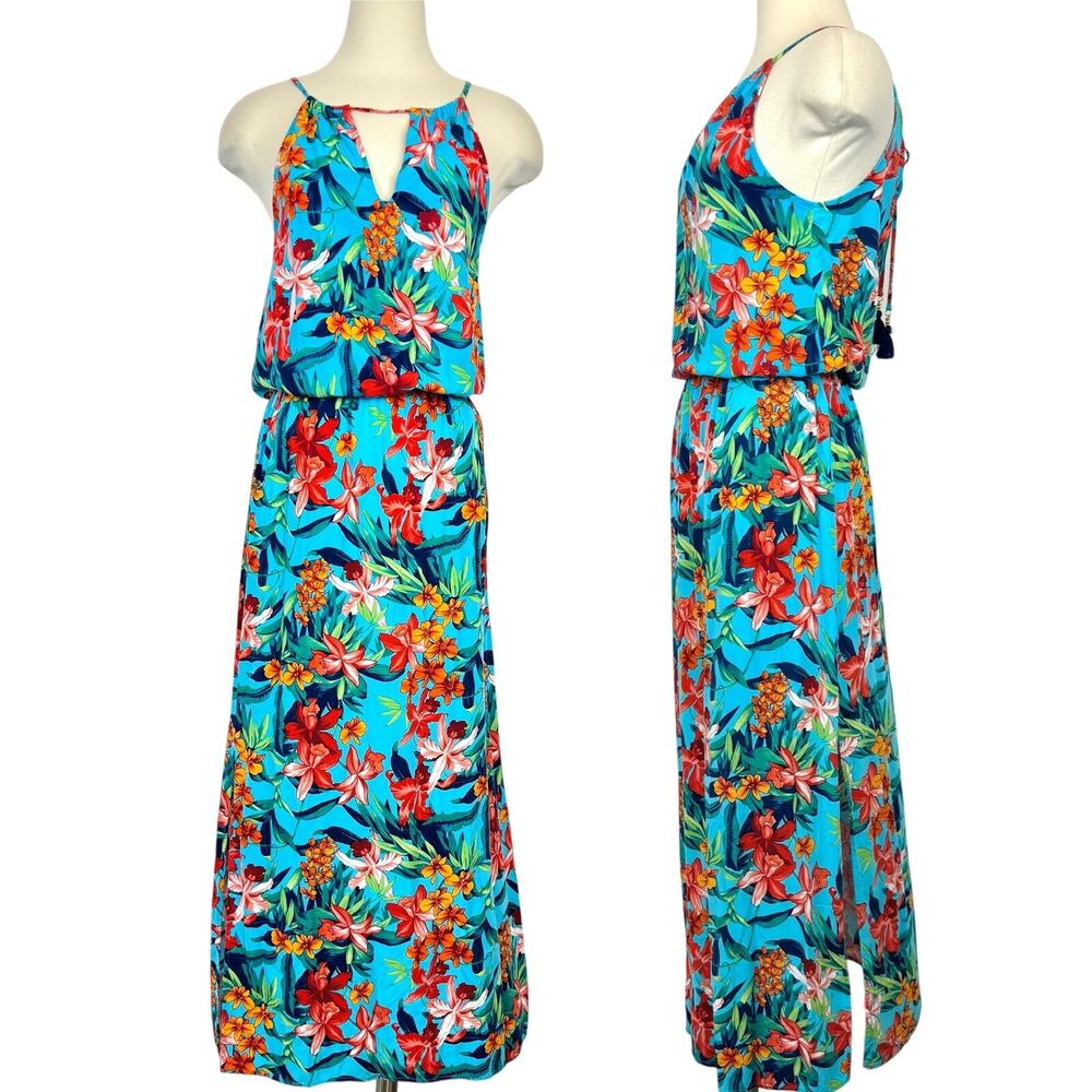 Tommy Bahama Maxi Dress Tropical Botanical Print Turquoise XS